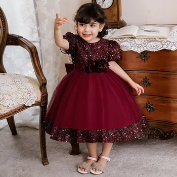Yaz Lüks Bebek Vaftiz Elbise çocuk Pullu Parti Düğün Kostümleri Yenidoğan Prenses Çiçek Kız Tül Rop