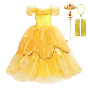 Güzellik ve Beast Prenses Belle Elbise Kız İçin Muhteşem Sarı Rop Resmi Parti Çocuklar Yaz Parti Kıyafetleri Balo