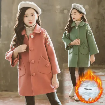 Çiçek Çocuk Kız Ceket Sonbahar Kış 2019 Moda Çocuk Kız Sıcak Kalın Orta Uzun Yün Ceket Ceketler 3-10 Yıl Giysi