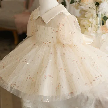 Pullu Tül Bebek Kız Parti Topu cüppeli elbiseler Yenidoğan Yenidoğan Vaftiz Bebek Kız Düğün Boncuk Prenses Akşam Vestidos ​