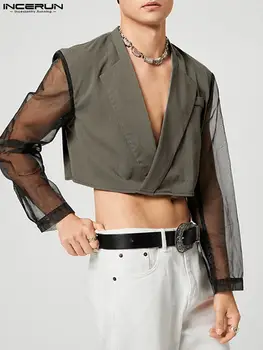 INCERUN 2022 Moda Erkek Blazer Örgü Patchwork Yaka Uzun Kollu İnce Mahsul Palto Erkekler Kişilik Streetwear Casual Takım Elbise S-5XL 7
