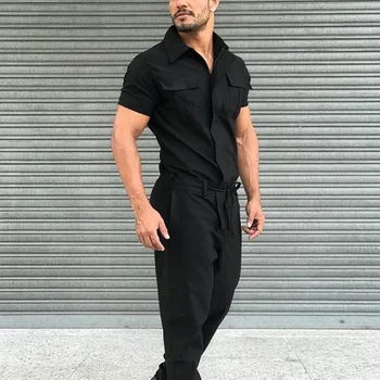 2022 Yaz Erkekler Casual Katı Uzun Tulum Moda Kısa Kollu Yatak Açma Tulum Tulum Bahar erkek Retro Romper Streetwear