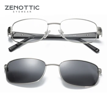 ZENOTTIC 2 İn 1 mıknatıslı klips Polarize Güneş Gözlüğü Erkekler Metal Küçük Kare Shades güneş gözlüğü Optik Miyopi Gözlük Çerçevesi