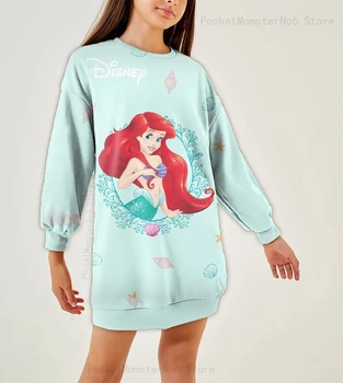 Bahar Disney Mermaid Prenses Ariel Yeni çocuk giyim Baskılı Yuvarlak Boyun Uzun Kollu Rahat Karikatür Oyun doğum günü partisi elbisesi