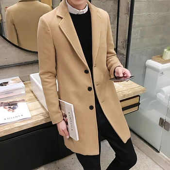 2022 Sonbahar Kış Yeni Moda Butik Düz Renk Rahat İş erkek Yün Trençkot / Erkek Uzun Yün Ceket Rüzgarlık 1
